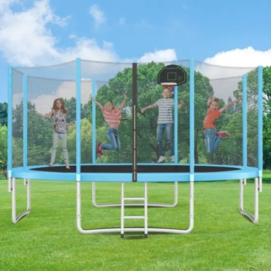 DSVIMOY 14FT Trampoline for Kids with Safety Enclosure Net, Basketball Hoop and Ladder, Round Outdoor Recreational Trampoline, Blue, 168"*168"*105" image {1}