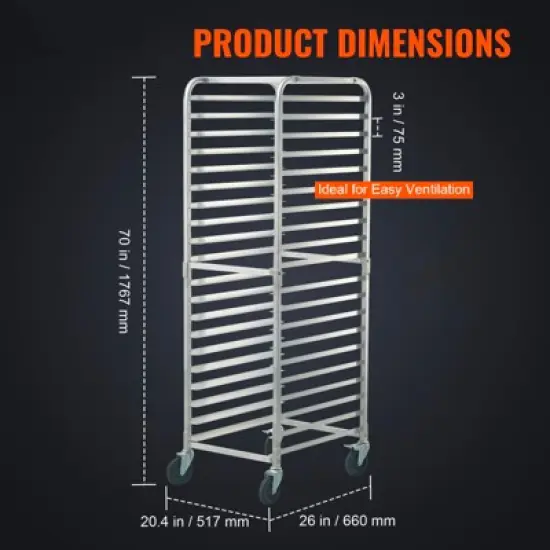VEVOR Bun Pan Rack, 20-Tier Commercial Bakery Racks with Brake Wheels, Aluminum Racking Trolley Storage for Half & Full Sheet, 26"L x 20.4"W x 70"H image {3}
