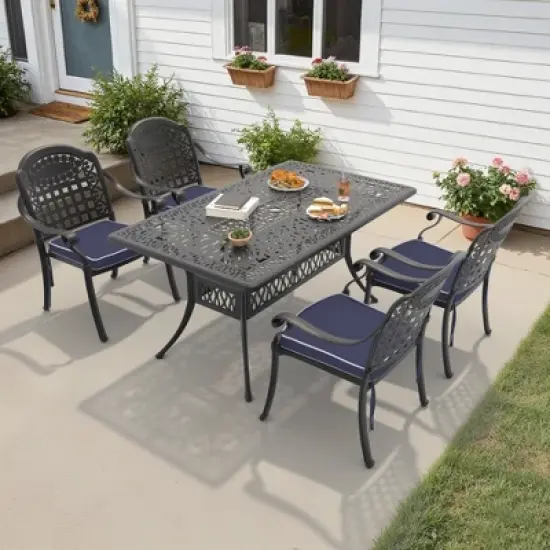 All-Weather 5-Piece Patio Dining Set: Cast Aluminum Furniture,Black with Comfy Blue Cushions & Umbrella Hole - Perfect for Garden Parties, BBQ! image {10}