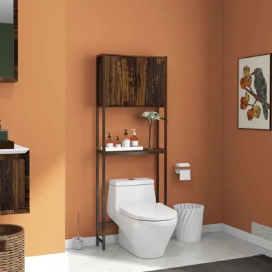 kleankin Industrial Over The Toilet Storage Cabinet, Bathroom Space Saver Above Toilet with Double Door Cupboard and Adjustable Shelf, Rustic Brown image {2}