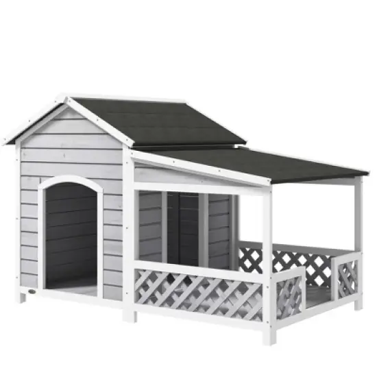 PawHut Wooden Dog House Outdoor with Porch, Raised Dog Shelter with Asphalt Roof, Doors and Shutter Window, for Medium Large Sized Dog, Light Gray image {3}