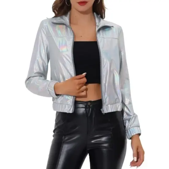 Allegra K Women's Track Holographic Shiny Long Sleeve Metallic Zip Front Jacket image {12}
