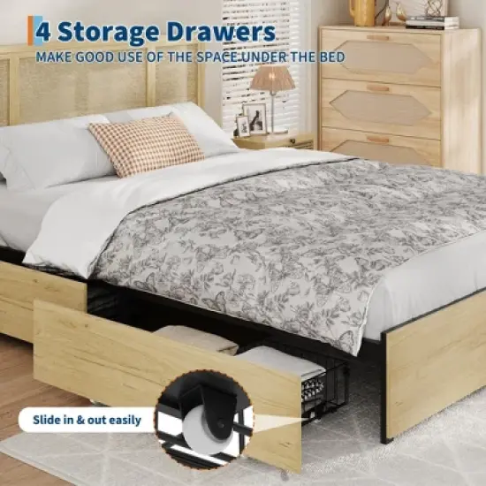Bed Frame with Natural Rattan Headboard, Queen Size, 4 Storage Drawers, Wooden Slats, Boho-Style Cane Support, Metal Base image {5}
