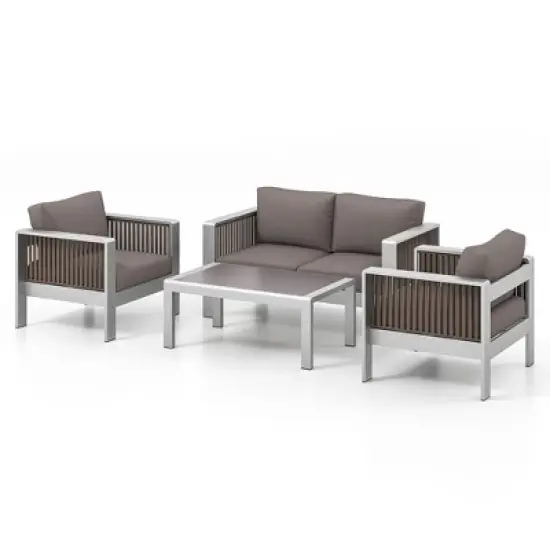 Tangkula 4 Pieces Patio Furniture Set Aluminum w/ Cushions & Tempered Glass Tabletop image {4}
