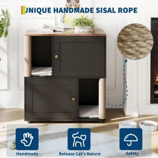 COZONY Cat Litter Box Enclosure for 2 Cats &ndash; Double Room Hidden Litter Box Furniture with Scratch Posts & Double-Layer Litter Mats image {3}