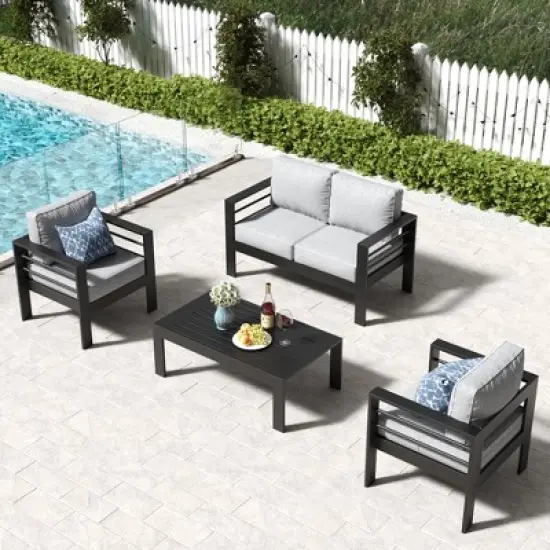 LayinSun Outdoor Aluminum Furniture Set, 4 Pieces Patio Sectional Conversation Chat Sofa Modern Seating Set with Coffee Table image {7}