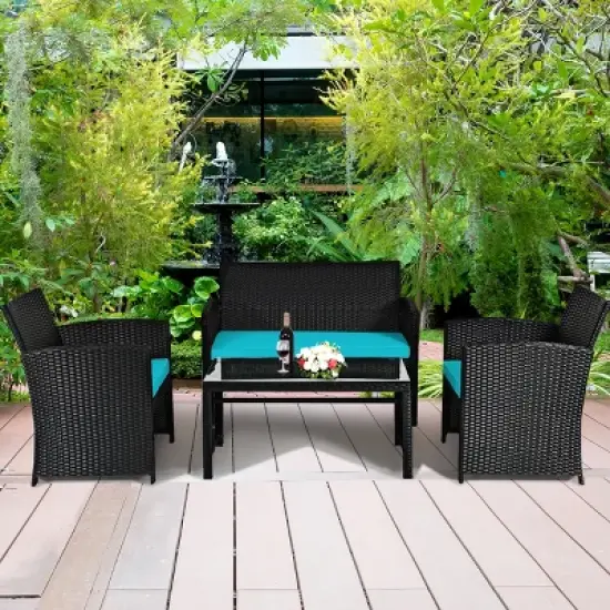 Tangkula 4 Piece Outdoor Patio Rattan Furniture Set Turquoise Cushioned Seat For Garden, Porch, Lawn image {1}