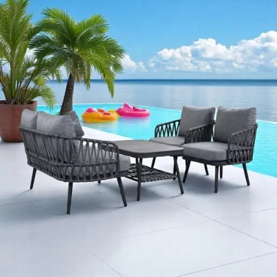 4-Piece Outdoor Conversation Set with Woven Rope U-Shaped Backrest, Acacia Wood Coffee Table, Water-Repellent Cushions image {3}