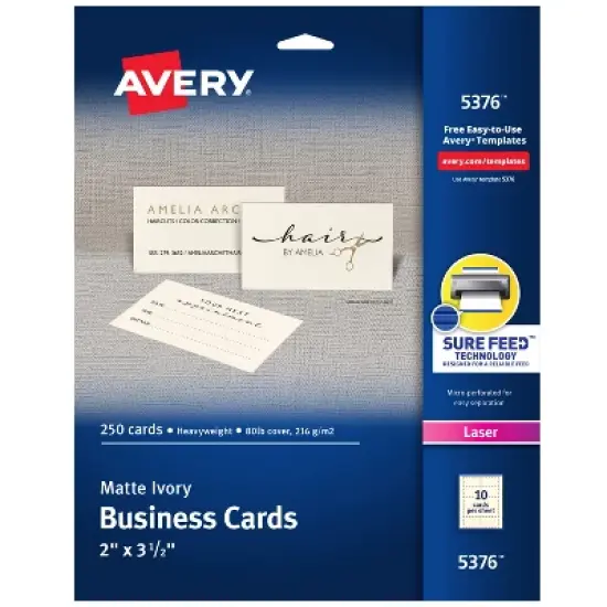 Avery Printable Business Cards with Sure Feed Technology, 2" x 3.5", Ivory, 250 Blank Cards for Laser Printers (05376) image {8}