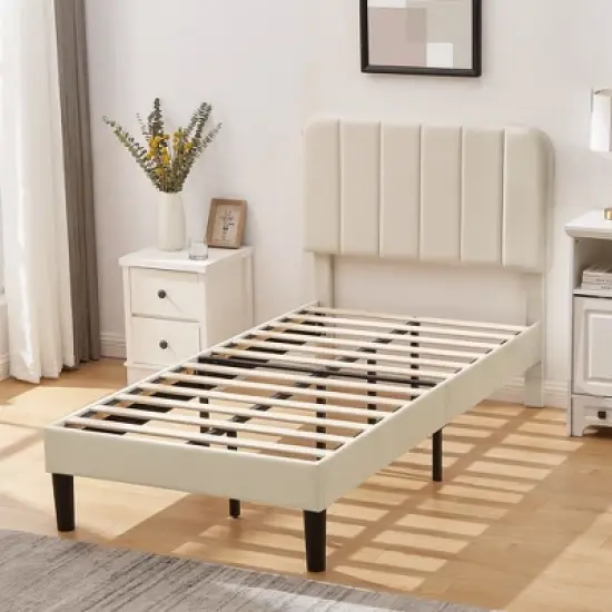 VECELO Velvet Upholstered Platform Bed Frame with Adjustable Headboard, Sturdy Wood Slat Support, No Box Spring Required image {1}