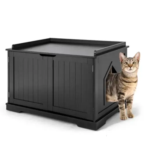 Costway Cat Litter Box Cabinet Furniture Cat Washroom Storage Bench Black image {10}