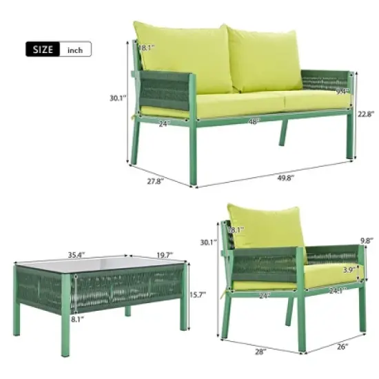 FIONECA 4-Piece Rope Patio Furniture Set with Tempered Glass Table, Fluorescent Yellow & Green Cushions image {8}