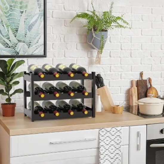 Itopfox Bamboo Wine Rack Countertop, 3-Tier 12 Bottles Wine Storage Shelf for Kitchen Pantry Cabinet - Dark Brown image {2}