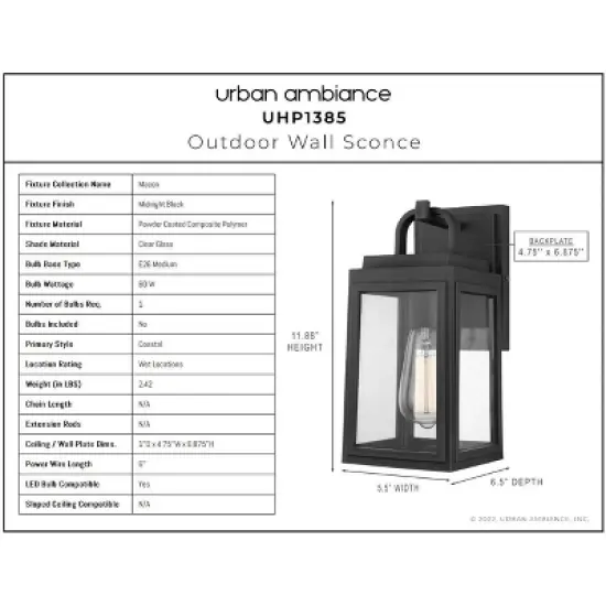 Urban Ambiance Luxury Farmhouse Outdoor Wall Sconce 11.875''H x 5.5''W,  Midnight Black Finish,  Macon Collection, UHP1385 image {3}