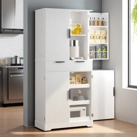 Fluted Pantry Cabinet with Keyboard Drawers & Door Spice Racks, Tall Freestanding Storage Cupboard with Adjustable Shelf for Kitchen, Dining Room image {8}