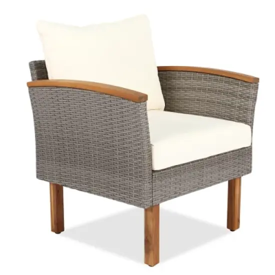 FIONECA 9-Piece PE Rattan Patio Furniture Set with Acacia Wood Legs & Tabletop, Sectional Sofa Set with Cushions & Coffee Table, Beige image {7}