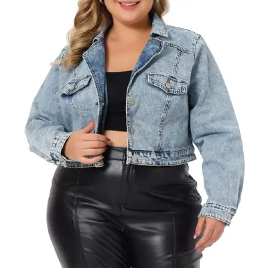 Agnes Orinda Women's Plus Size Retro Denim Notched Lapel Long Sleeve Classic Washed Crop Jean Jacket image {5}
