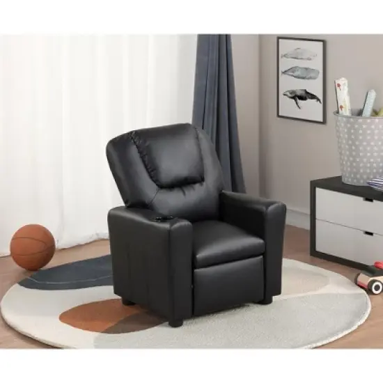 Yinvani Black PU Leather Child Recliner Chair with Cup Holder image {2}