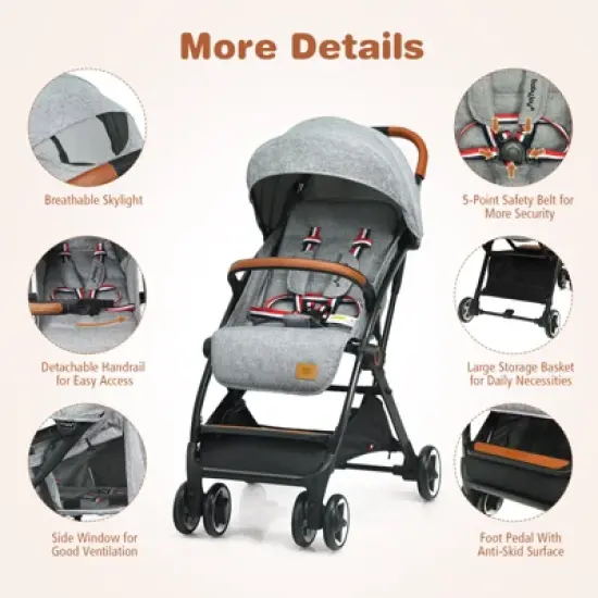Infans Lightweight Baby Stroller Aluminium Frame w/ Net for Travel Gray image {4}