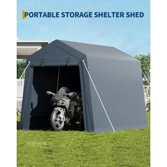 Acekool 7x10 FT Portable Outdoor Storage Shed, Dual Roll-Up Zipper Doors, Heavy-Duty Waterproof PE Tarp, UV-Resistant Shelter for Tools, Gray image {4}