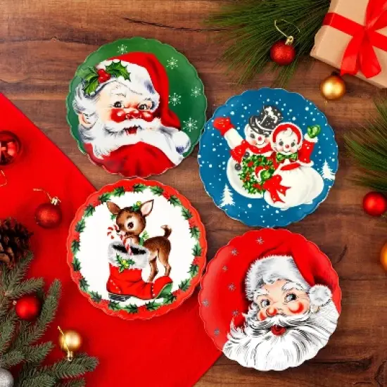 Mr. Christmas Nostalgic Ceramic Scalloped Christmas Plate Set - Bold - 8" - Set of 4 image {1}