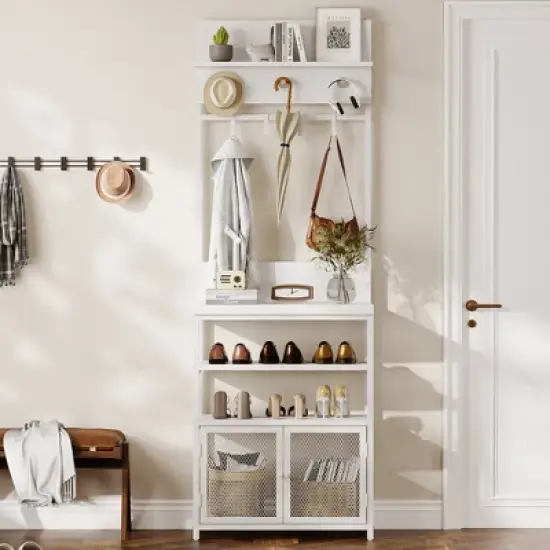 Coat Rack Shoe Storage 72.8in White Hall Tree with Doors Narrow Coat Tree Shoe Shelf Organizer with 7 Hooks for Entryway Bedroom and Mudroom image {2}