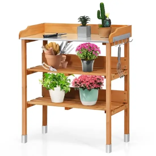 Costway Garden Wooden Potting Bench Work Station Table Tool Storage Shelf W/Hook image {8}