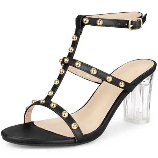 Perphy Studded Heel Ankle T-Strap Chunky Clear Heels Sandals for Women image {6}