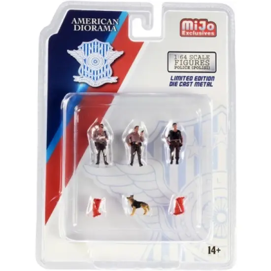 "Police" 8 piece Diecast Set (3 Figurines, 1 Dog and 4 Accessories) for 1/64 Scale Models by American Diorama image {2}