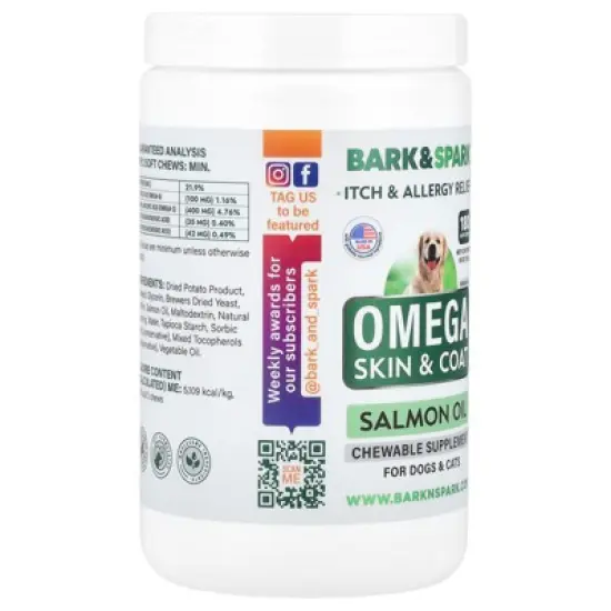 Bark&Spark Omega Skin & Coat, Salmon Oil, For Dogs & Cats, Chicken, 180 Soft Chews, 18 oz (513 g) image {3}