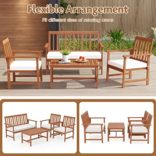 Tangkula 4-Piece Acacia Wood Patio Conversation Set Outdoor Furniture Set w/ 2 Armchairs image {5}