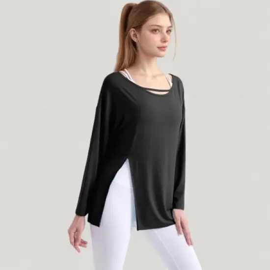 Anna-Kaci Active Women's Long Sleeve Pullover Top with Cutout Scoop Neck and Side Slit Hem image {1}