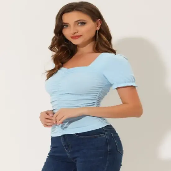 Allegra K Women's Square Neck Puff Sleeve Elegant Glitter Ruched Blouse image {1}