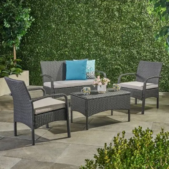 Cordoba 4pc Wicker Patio Chat Set with Cushions - Christopher Knight Home image {5}
