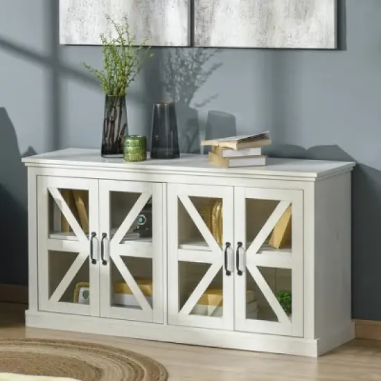 HOMCOM Rustic Kitchen Sideboard, Glass Door Buffet Cabinet, TV Stand with Adjustable Shelf for Dining Room, White image {1}