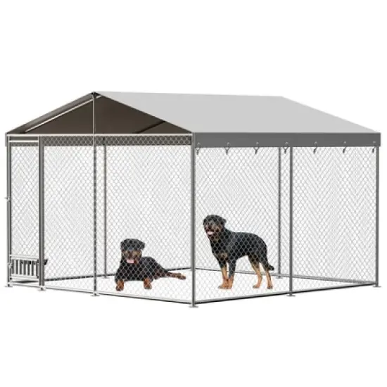 Jojoka Outdoor Dog Kennel, Large Metal Dog House with Feeding Device, Waterproof Cover, Rainproof Roof, Secure Yard Pet Playpen image {7}