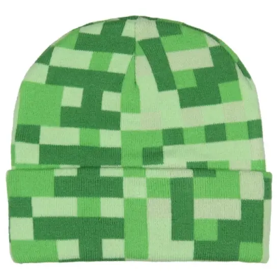 Minecraft Creeper Embroidered Face Allover Pixelated Design Gamer Cuffed Beanie image {2}