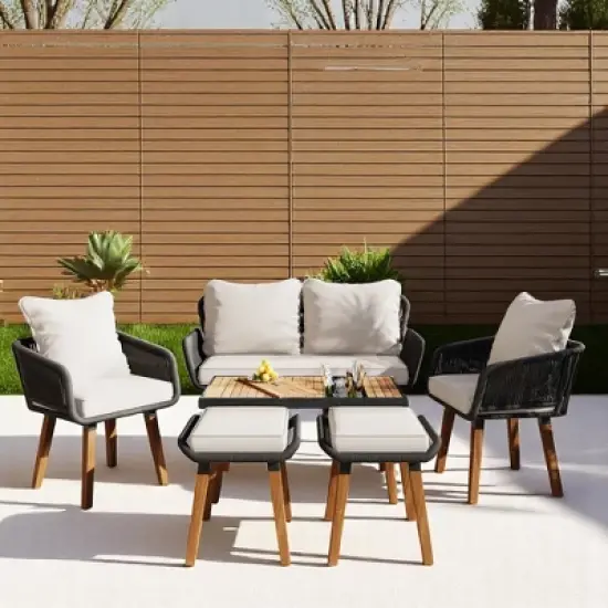 6-Piece Outdoor Wicker Sofa Set with Unique Rope Weaving, Acacia Wood Coffee Table with Ice Bucket, and Ottomans image {5}