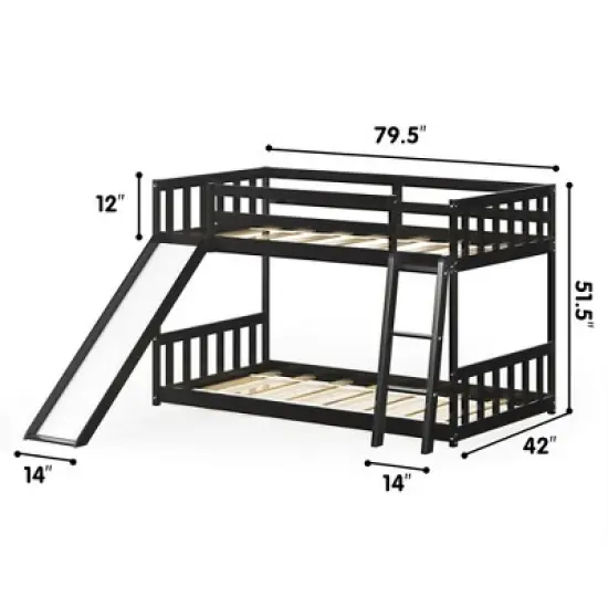 Costway Twin over Twin Bunk Wooden Low Bed with Slide Ladder for Kids image {2}