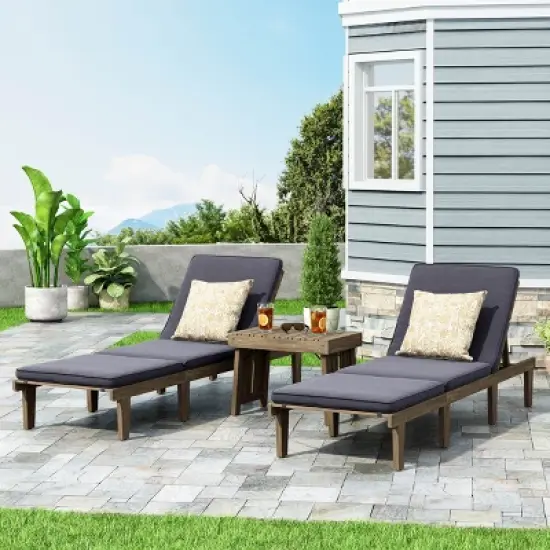 Christopher Knight Home Alisa Outdoor Acacia Wood 3 Piece Adjustable Armless Chaise Lounge Chat Set with Cushions image {8}