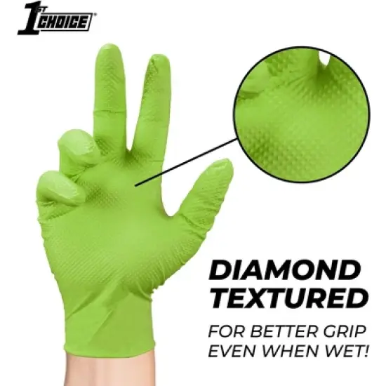 1st Choice Green Disposable Nitrile Gloves with Raised Diamond Grip- Medium Duty, Industrial Grade - Perfect for Mechanics, Household Cleaning & More image {4}