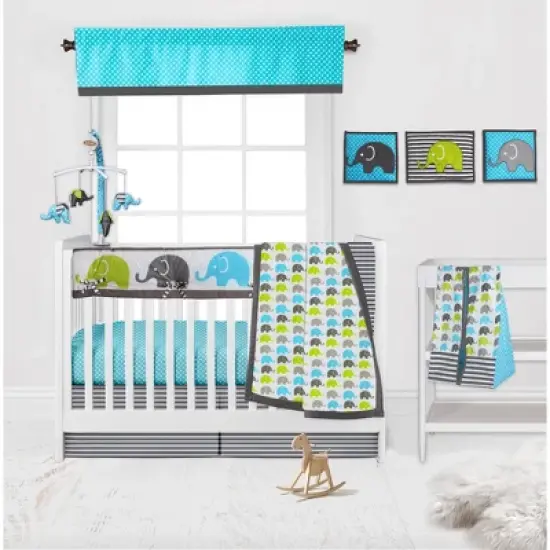 Bacati - Elephants Long Crib Rail Guard Cover Aqua/Lime/Gray image {3}