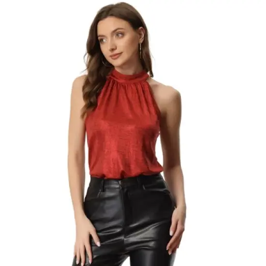 Allegra K Women's Casual Party Sparkle Sleeveless Halter Tops image {9}