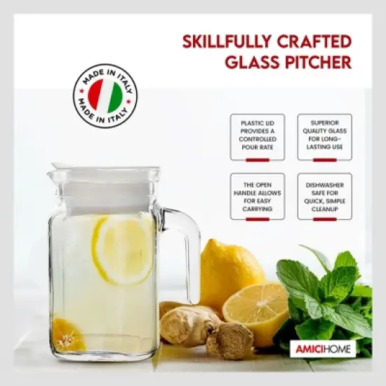 Amici Home Italian Igloo Quadra Glass Pitcher with Lid and Spout, Clear Glass Water Pitcher for Refrigerator, Carafe for Iced Tea, Juice, Milk, Brew image {2}