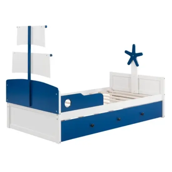 Twin Size Boat-Shaped Platform Bed with Trundle Bed and Storage Footboard-ModernLuxe image {8}