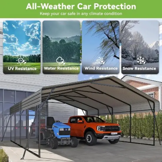 Real Relax Heavy Duty Metal Carport, Outdoor Garage Car Shelter Shade with Heavier Metal Frame, Galvanized Metal Roof for Car and Boats, Grey image {4}