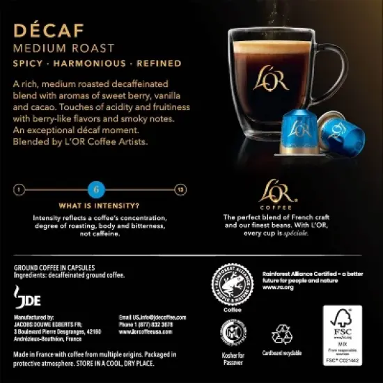 L'OR Decaf Medium Roast Blend Coffee Capsules - 30ct image {4}
