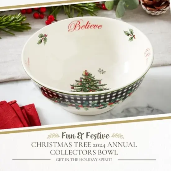 Spode Christmas Tree Revere Bowl - Checkered Exterior & Holly Accents, Festive Candy Dish or Snack Bowl with Sentiments Inside, 6" Porcelain image {1}