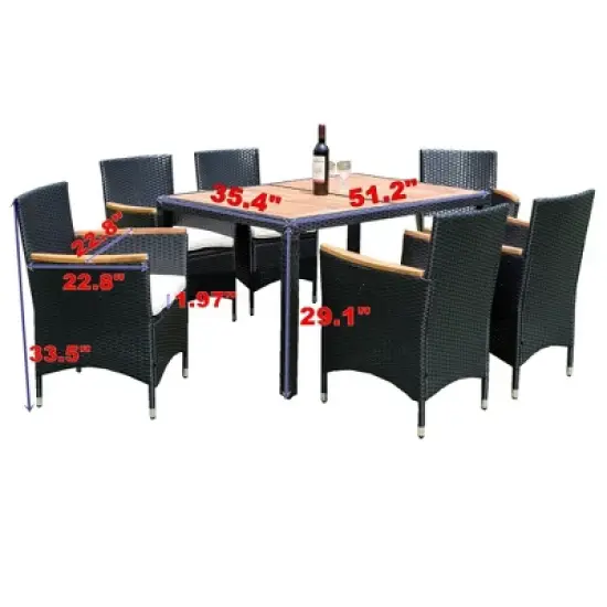 YOOCOZZ 7-Piece Outdoor PE Rattan Dining Set with Acacia Wood Handrail and Tabletop - Black+Cream image {11}