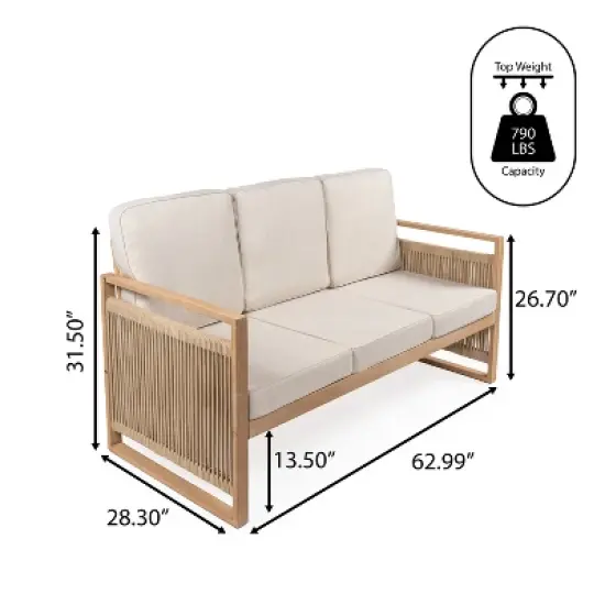 Gable 3-Seat Mid-Century Modern Roped Acacia Wood Outdoor Sofa with Cushions - JONATHAN Y image {4}